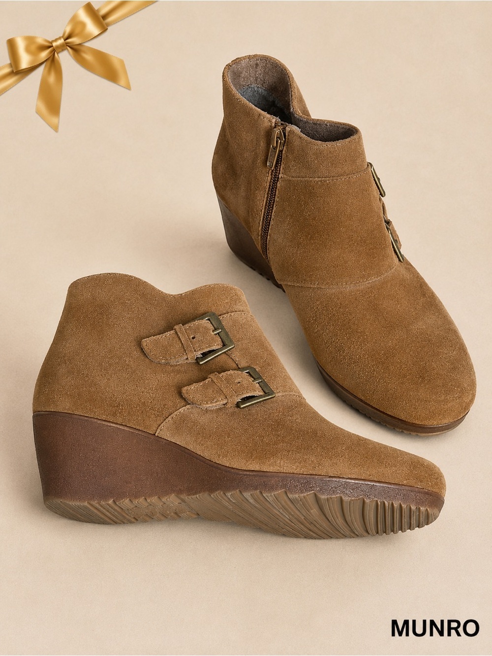 Munro Tan Suede Wedge Ankle Booties with Buckle Straps 8 1/2 Wide